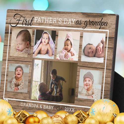 First Fathers Day As Grandpa 7 Photo Collage Wood Plaque