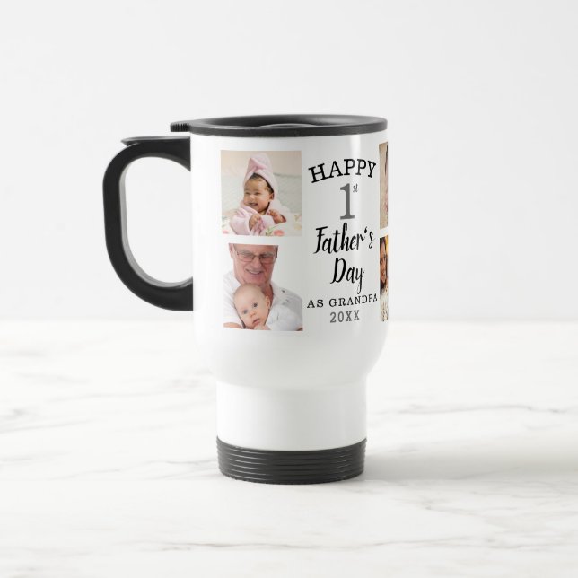First Father's Day As Grandpa 8 Photo Collage   Tr Travel Mug (Left)