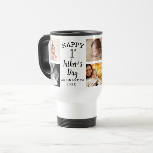 First Fathers Day As Grandpa 8 Photo Collage   Travel Mug