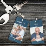 First Father's Day as Papa Blue 2 Photo Keychain<br><div class="desc">Photo keychain for a grandfather's first father's day. The photo template is set up for you to add 2 of your favorite pictures, which are printed one on each side, in square / instagram format. The wording is fully editable and currently reads "first father's day as papa [year] i love...</div>