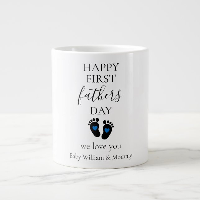 First Father's Day – Baby Footprints & Blue Hearts Giant Coffee Mug (Front)