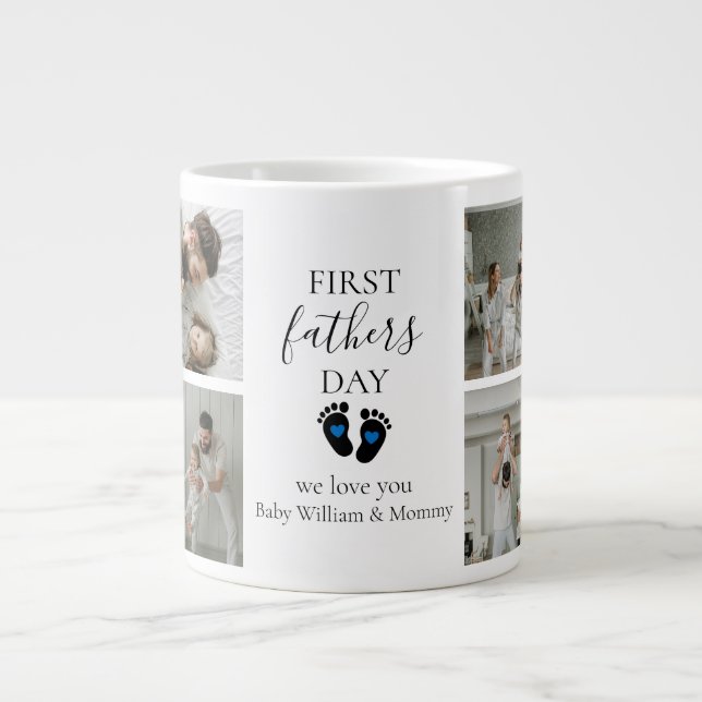 First Father's Day – Baby Footprints & Blue Hearts Giant Coffee Mug (Front)