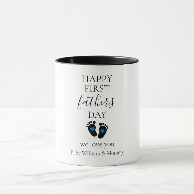 First Father's Day – Baby Footprints & Blue Hearts Mug (Center)