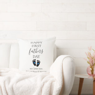 First Father's Day – Baby Footprints & Blue Hearts Throw Pillow