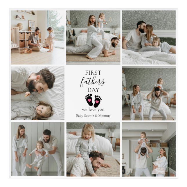 First Father's Day – Baby Footprints & Pink Hearts Acrylic Print (Front)
