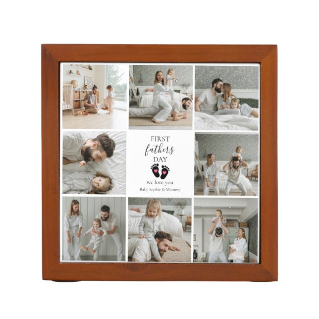 First Father's Day – Baby Footprints & Pink Hearts Desk Organizer (Front)