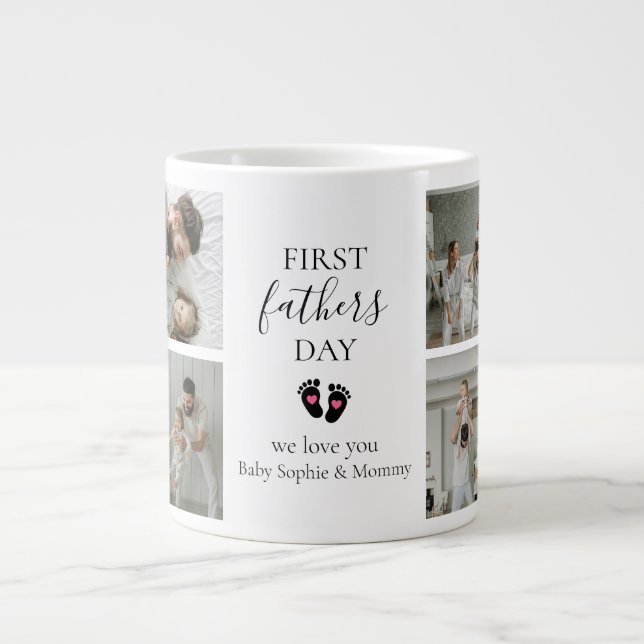 First Father's Day – Baby Footprints & Pink Hearts Giant Coffee Mug (Front)