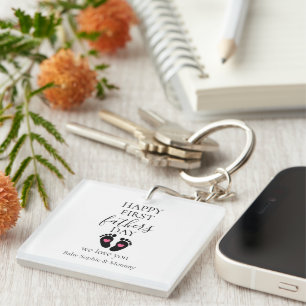 First Father's Day – Baby Footprints & Pink Hearts Keychain