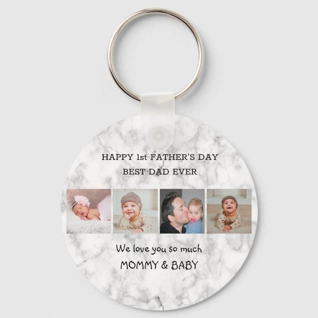 First Father's Day Best Dad Ever 4 Photo Marble   Keychain (Front)