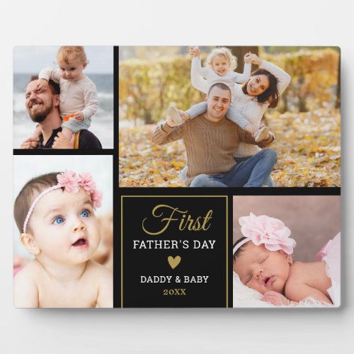 First Fathers Day Black And Gold 4 photo Collage  Plaque