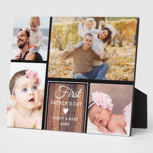 First Fathers Day Black And Wood 4 photo Collage  Plaque