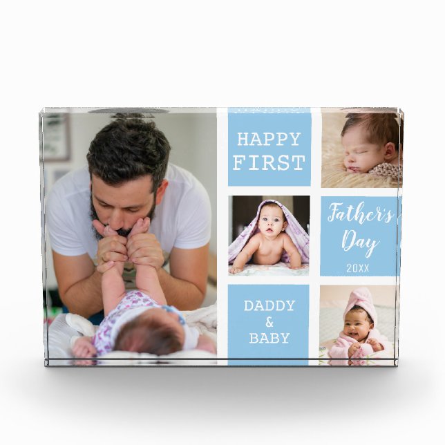 First Father's Day  Blue 4 Photo Collage Block (Front)