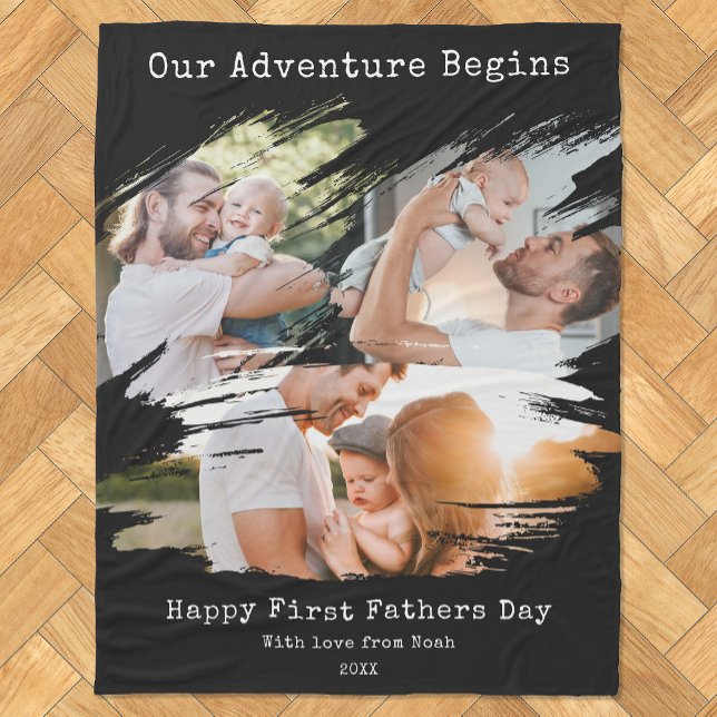 First Fathers Day Brush Stroke 3 Photo Collage Fleece Blanket (Creator Uploaded)