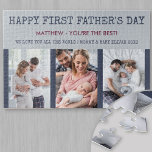 First Fathers Day Custom Message and 3 Photo Jigsaw Puzzle<br><div class="desc">Say "happy first father's day" with a custom photo puzzle. The template is set up ready for you to add 3 of your favorite photos, name(s), custom message and you edit the occasion as well if you wish. The puzzle has a color palette of deep blue, burgundy and grey. Vertical,...</div>