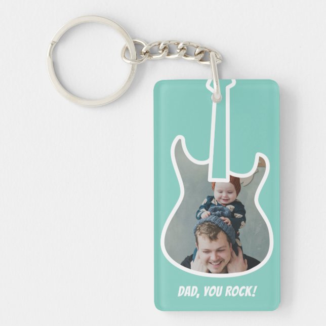 First Father's Day Custom Photo Cool Guitar Dad Keychain (Front)