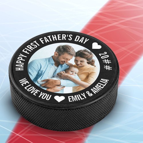 First Fathers Day Custom Year and New Baby Photo Hockey Puck