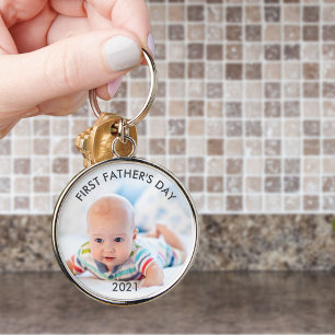 First Fathers Day Custom Year Dad and Baby Photo Keychain