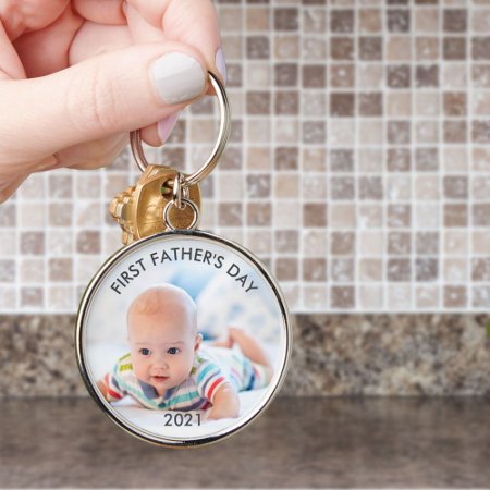 First Fathers Day Custom Year Dad And Baby Photo Keychain