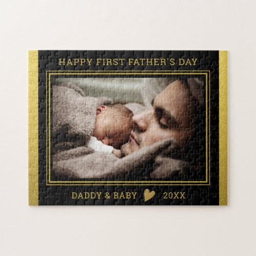 First  Fathers Day  Dad And Baby Photo Black Gold Jigsaw Puzzle