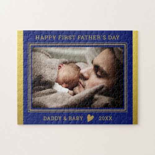 First  Fathers Day  Dad And Baby Photo Blue Gold Jigsaw Puzzle