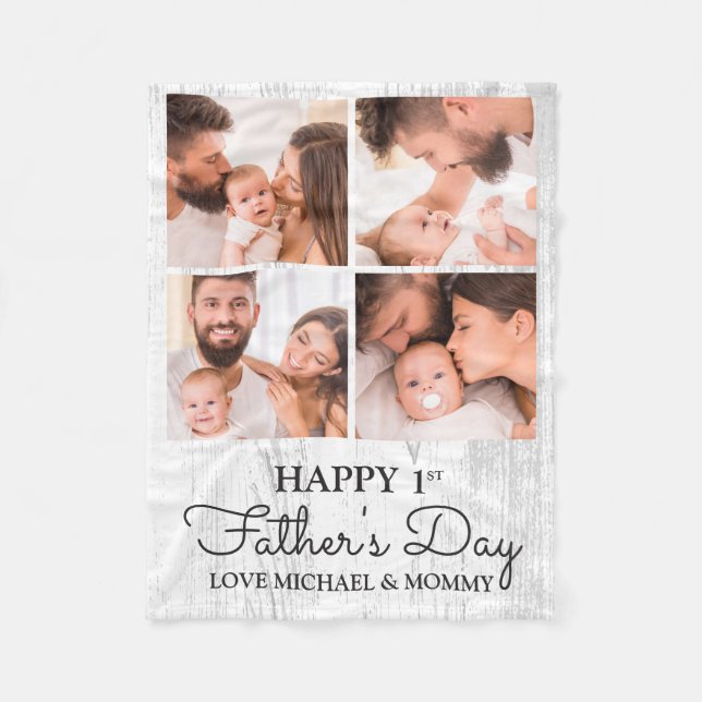 First Fathers Day Dad Baby Photo Collage Fleece Blanket (Front)