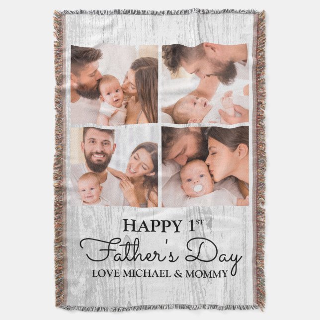 First Fathers Day Dad Baby Photo Collage Throw Blanket (Front Vertical)