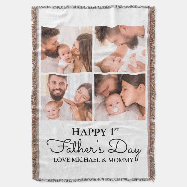 First Fathers Day Dad Baby Photo Collage Throw Blanket (Front Vertical)