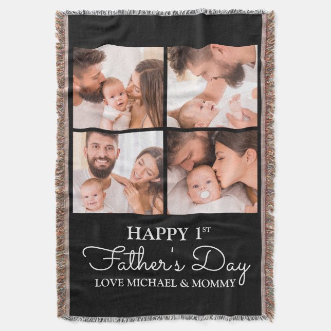 First Fathers Day Dad Baby Photo Collage Throw Blanket (Front Vertical)