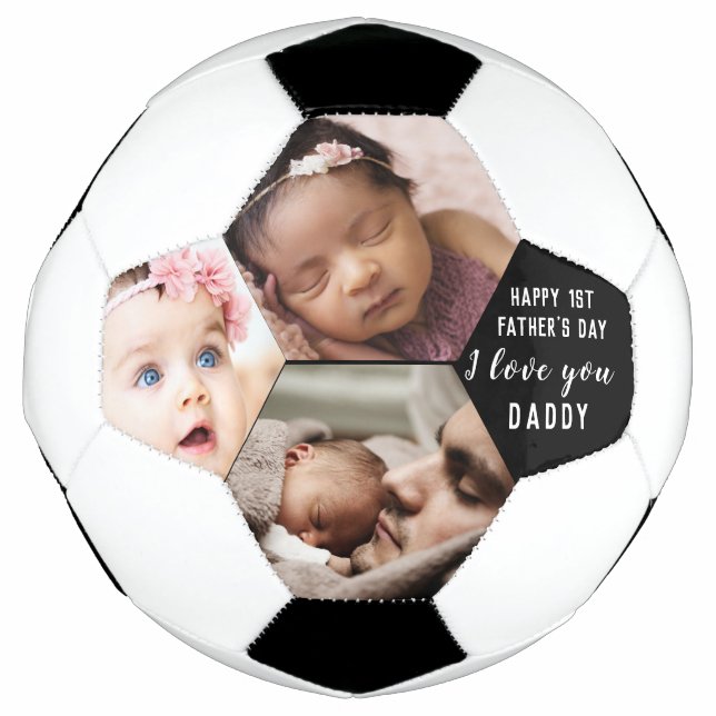 First Father's Day Daddy Baby 3 Photo Collage   Soccer Ball (Front)