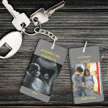 First Father's Day Daddy to Be Grey 2 Photo Keychain<br><div class="desc">Photo keychain for a dad-to-be's first father's day. The photo template is set up for you to add 2 of your favorite pictures, which are printed one on each side, in square / instagram format. You could add maternity photos or sonogram / ultrasound image. The wording is fully editable and...</div>