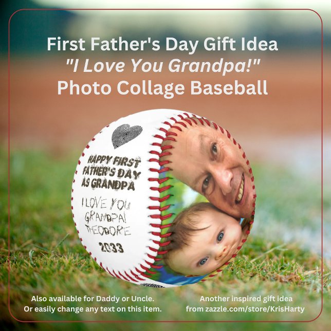 First Fathers Day Grandpa Photo Collage Keepsake Baseball (Happy First Father's Day as Grandpa I Love You Grandpa 2 Photo Collage Baseball )