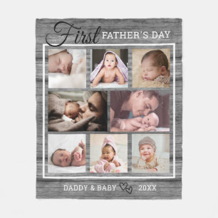 First Father's Day Gray Wood 8 Photo Collage   Fleece Blanket