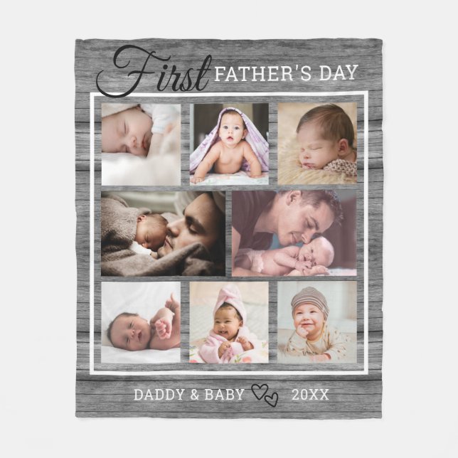 First Father's Day Gray Wood 8 Photo Collage   Fleece Blanket (Front)