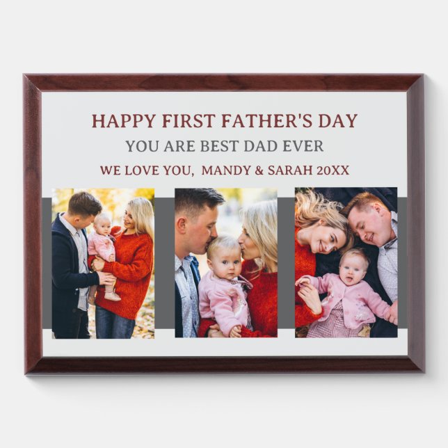 First Fathers Day Grey 3 Photos & Custom Message  Award Plaque (Horizontal)