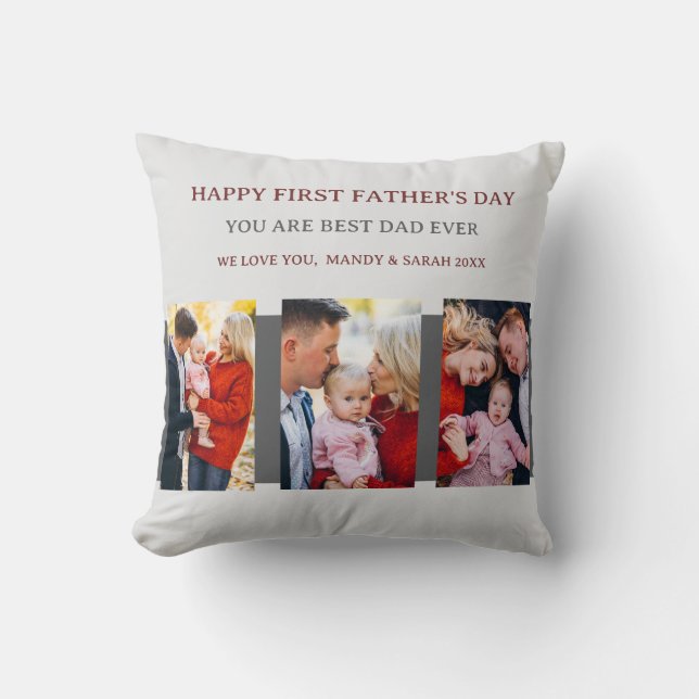 First Fathers Day Grey 4 Photos & Custom Message  Throw Pillow (Front)