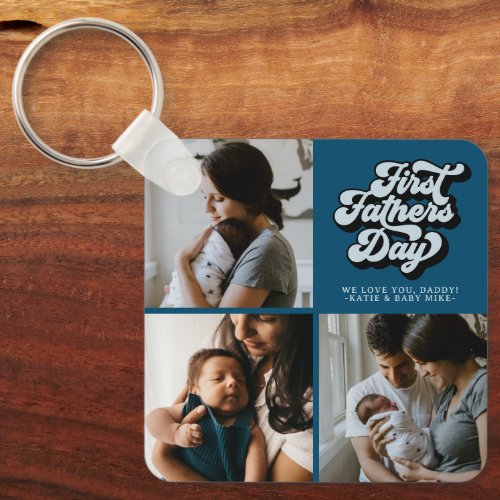 First Fathers Day Groovy Retro Three Photo  Blue Keychain