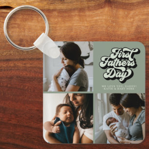 First Fathers Day Groovy Retro Three Photo   Sage Keychain