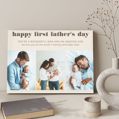 First Fathers Day Name 3 Photo Cream Canvas Print