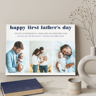 First Father's Day Name 3 Photo White Canvas Print