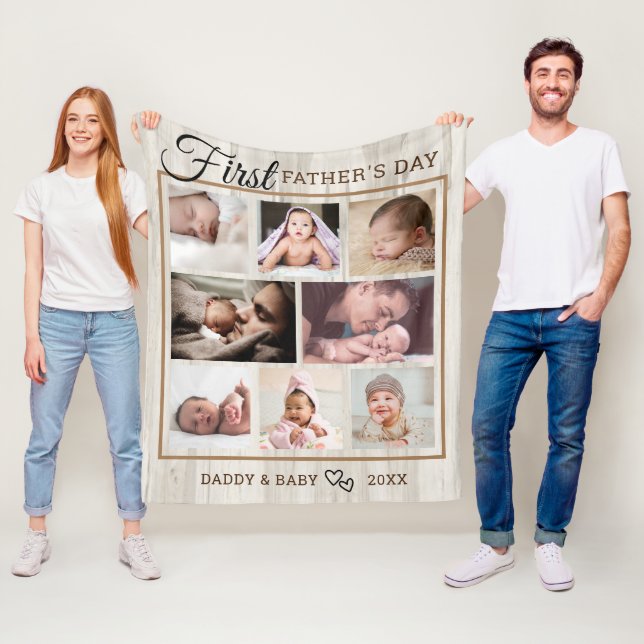 First Father's Day Natural Wood 8 Photo Collage  Fleece Blanket (In Situ)