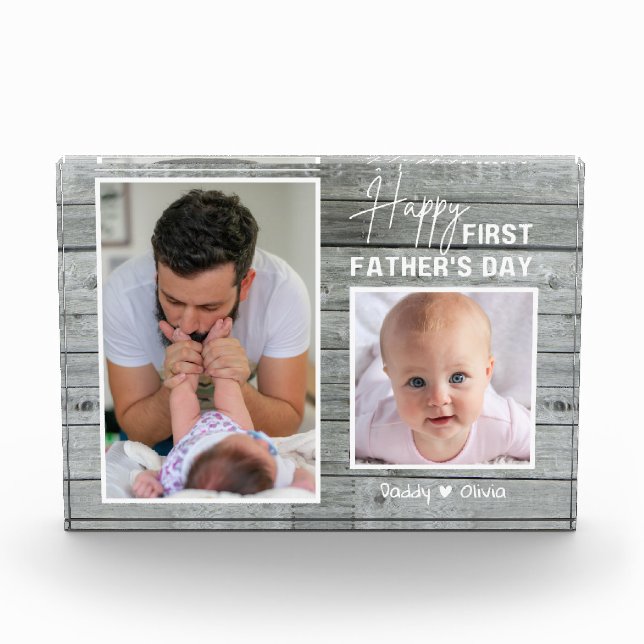 First Father's Day New Dad 2 Photo Gray Wood   Pla Block (Front)