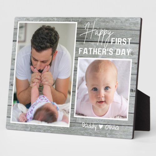 First Fathers Day New Dad 2 Photo Gray Wood   Plaque