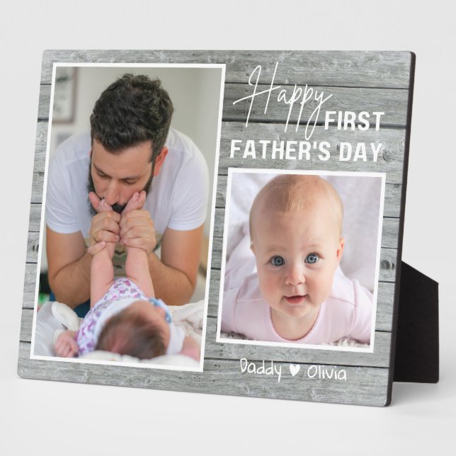 First Father's Day New Dad 2 Photo Gray Wood   Plaque (Side)