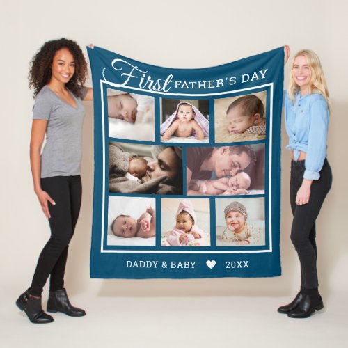 First Fathers Day New Dad 8 Photo Collage Blue Fleece Blanket