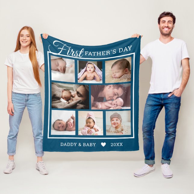 First Father's Day New Dad 8 Photo Collage Blue Fleece Blanket (In Situ)