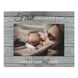 First Father&#39;s Day New Dad Baby Photo Gray Wood  Faux Canvas Print