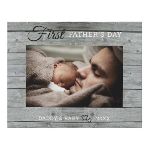 First Fathers Day New Dad Baby Photo Gray Wood  Faux Canvas Print