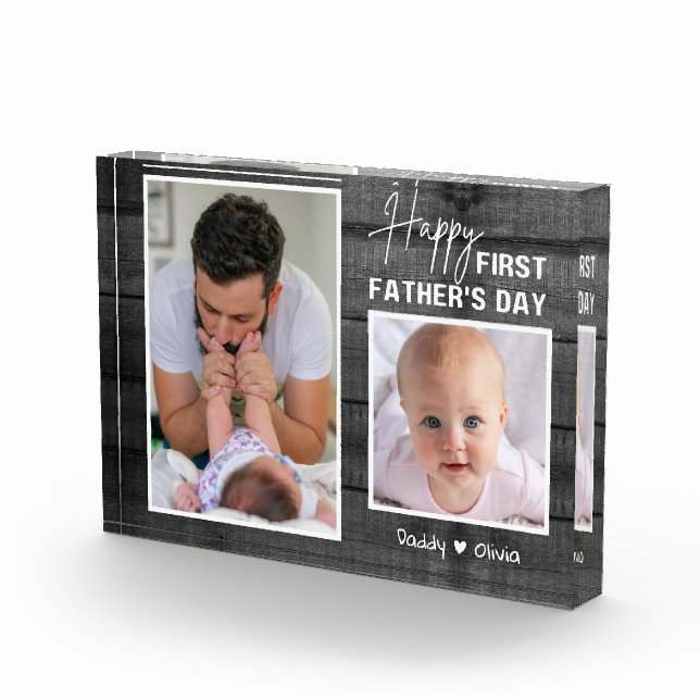 First Father's Day New Dad Black Wood  2 Photo   Block (Right)
