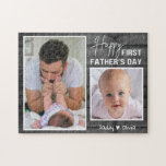 First Father's Day New Dad Black Wood  2 Photo Jigsaw Puzzle<br><div class="desc">First father's day gift idea -A modern photo puzzle with a collage grid created with 2 pictures and message on a trendy Wood texture background.</div>