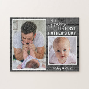 First Father's Day New Dad Black Wood  2 Photo Jigsaw Puzzle